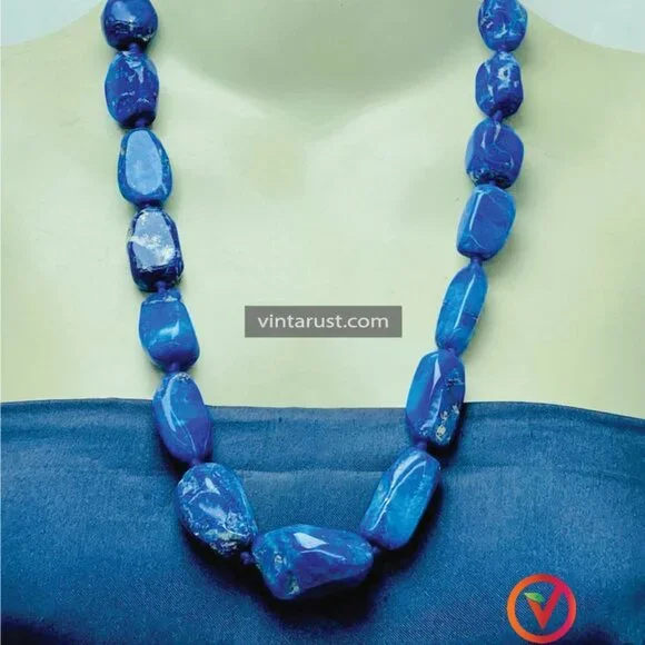 Handmade Lapis Lazuli Gemstone Necklace, Vintage Beaded Stone Necklace, - Picture 10 of 10